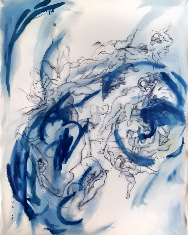 Chute 1, 2019, encre et crayon aquarellable sur toile de coton (200x157 cm)