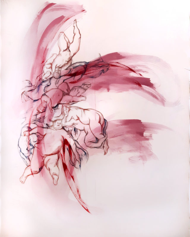 Chute 2, 2019, encre et crayon aquarellable sur toile de coton (200x157 cm)