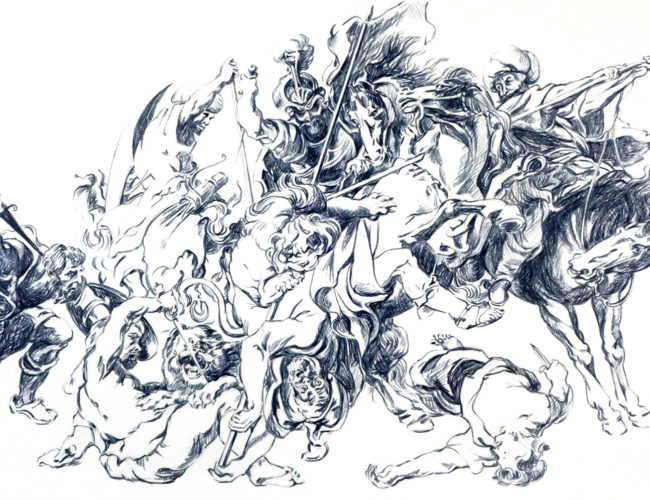d’après « La Chasse au lion » (1621) de Rubens, 2017, crayon graphite sur papier (50x65 cm)