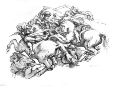 d’après « La lutte pour l’étendard » (1600-1608) dessin de Rubens d’après Leonard de Vinci, 2015, crayon graphite sur papier (30x40 cm)